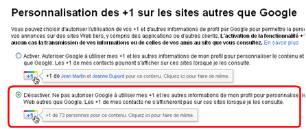 Les choix pour désactiver ou activer le plus1 dans les annonces google plus